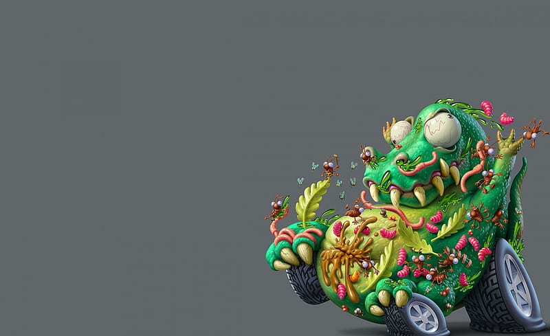 Car from Monsterland, worm, monsterland, yellow, oscar ramos, fantasy, green, car, gris, funny, eyes, HD wallpaper