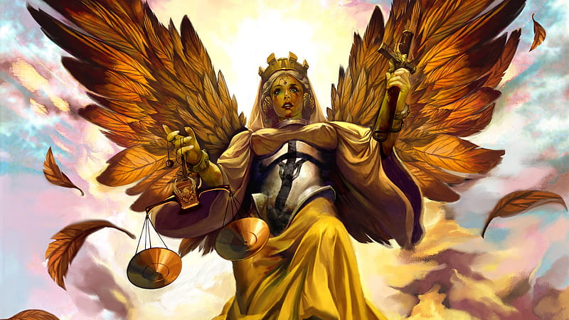 golden angel, female, wings, angel, abstract, woman, justice, scale, fantasy, gold, girl, beauty, cross, feathers, HD wallpaper