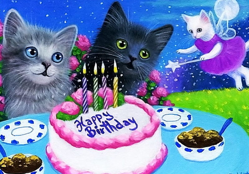 Happy Birtay, cake, angel, painting, kitties, artwork, candles, HD wallpaper