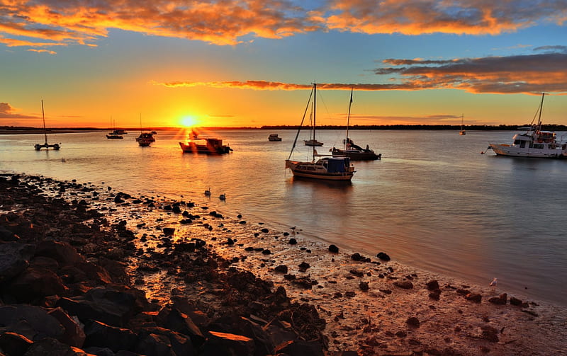 wonderful sunset beyond the harbor, shore, boats, sunset, clouds, harbor, HD wallpaper