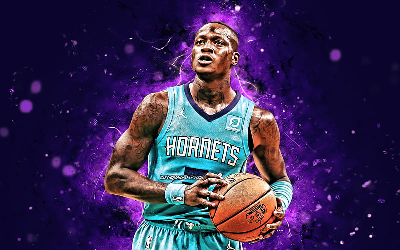 Terry Rozier, 2020 Charlotte Hornets, NBA, basketball, violet neon lights, Terry William Rozier III, USA, Terry Rozier Charlotte Hornets, creative, Terry Rozier, HD wallpaper