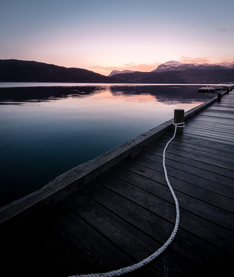 pier, mountains, lake, rope, sunset, HD phone wallpaper