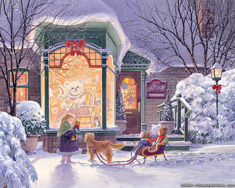 Joyful Toys, christmas, shop window, little girl, painting, toys, dog, HD wallpaper