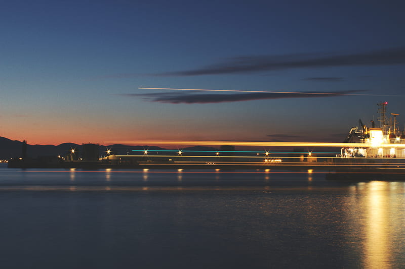 sea, pier, lights, long exposure, evening, twilight, reflection, HD wallpaper