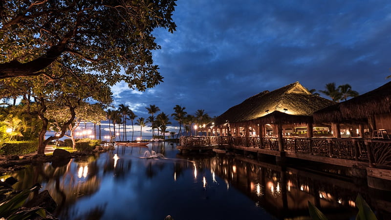beautiful seaside restaurant in hawaii at dusk, pond, seashore, restaurant, dusk, lights, HD wallpaper