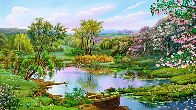 Row Boat Painting, row, water, boat, painting, trees, HD wallpaper