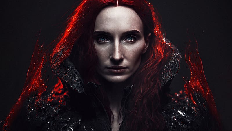 Red Witch Melisandre, woman, witch, art, girl, roman iakovenko, dark, fantasy, portrait, red, face, melisandre, redhead, game of thrones, HD wallpaper