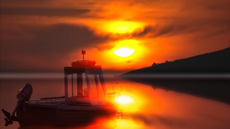ghost ship, shore, boat, sunset, silhouette, lake, HD wallpaper