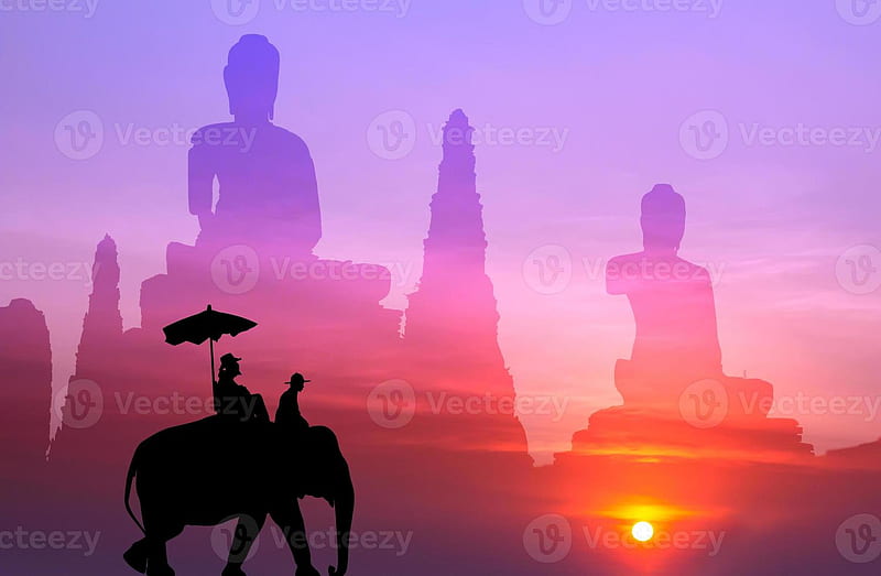 silhouette elephant with tourist with big buddha background at sunset 3871547 Stock at Vecteezy, HD wallpaper