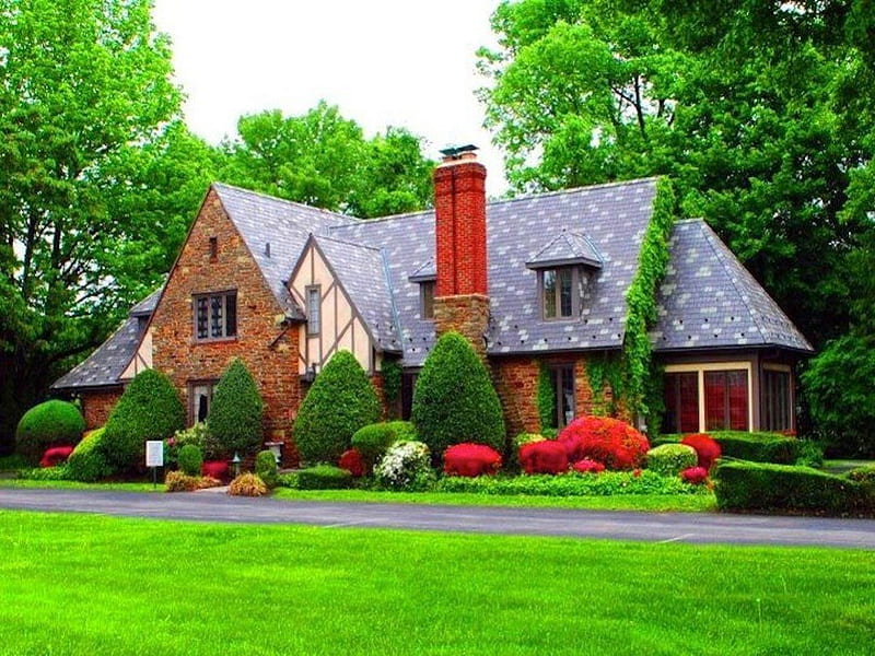 Wonderfully Landscaped Brick Home, house, brick, grass, maintained, garden, bonito, well kept, yard, HD wallpaper