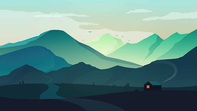 Hut House Landscape Minimal Morning , hut, mountains, minimalism, minimalist, artist, artwork, digital-art, artstation, HD wallpaper