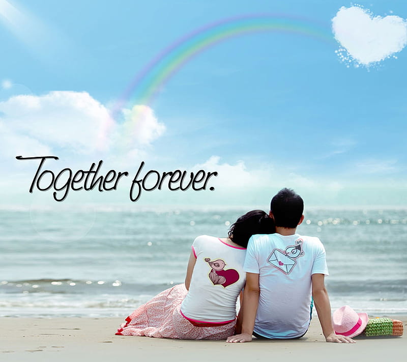 Together Forever, couple, heart, love, man, new, rainbow, saying, together, woman, HD wallpaper