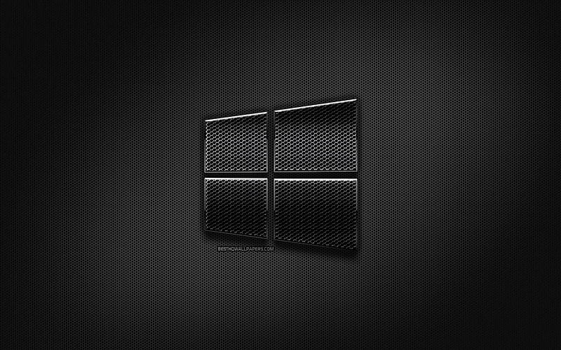 Windows 10 black logo, creative, metal grid background, Windows 10 logo, brands, Windows 10, HD wallpaper