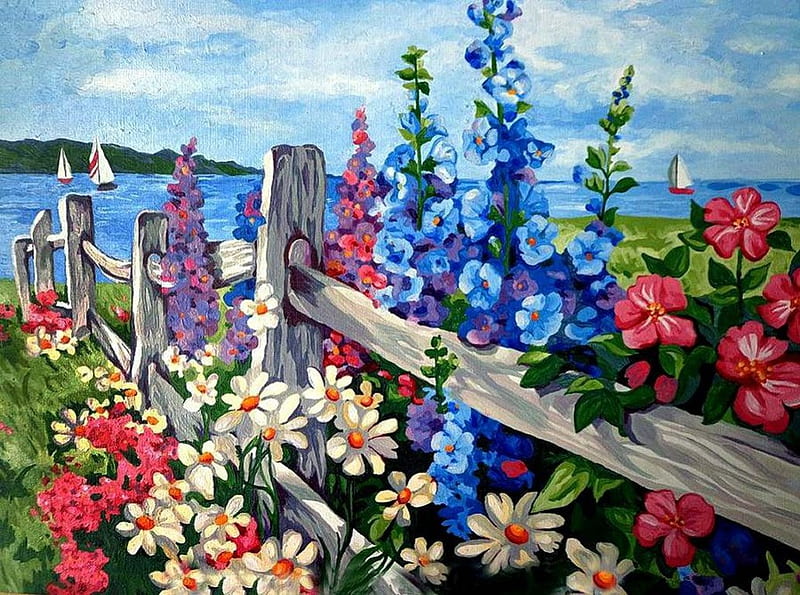 By O.Buzina. Mallow, painting, garden flower, art, o buzina, HD wallpaper