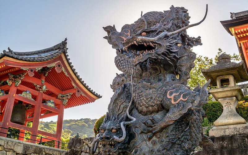 Kiyomizu-dera, Kyoto, Buddhist temple, dragon statue, japanese dragons, landmark, japan, Otowa-san Kiyomizu-dera, HD wallpaper