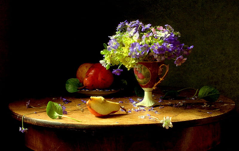 Antique Vase, table, still life, antique cup, apples, flowers, vase, HD wallpaper