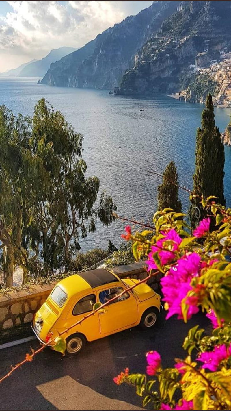 Yellow car , 500, city, fiat, italy, mountain, romantic, sea, HD phone wallpaper