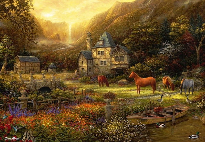By Chuck Pinson, Chuck Pinson, sunset, paintin, horse, HD wallpaper