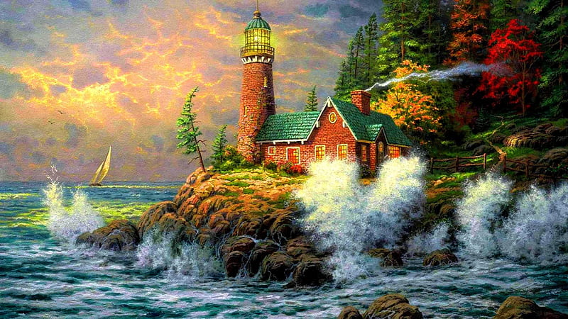 THE ROUGH SEA, Lighthouses, Trees, Artwork, Seas, Paintings, HD wallpaper