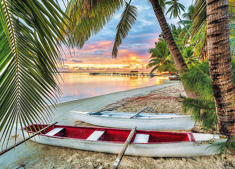 Hauru Point, Mo'orea, boat, pier, colors, sunset, clouds, sky, sea, palms, HD wallpaper