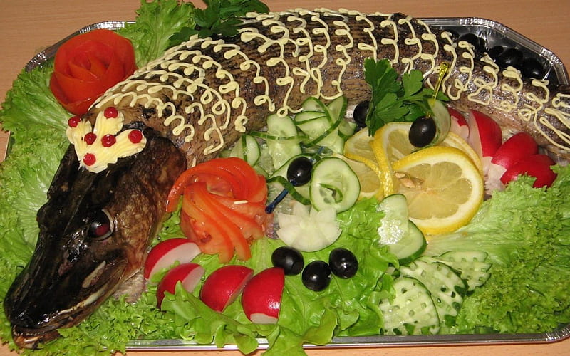 Fish dish, food, fish, fruits, pike, tray, laying, HD wallpaper