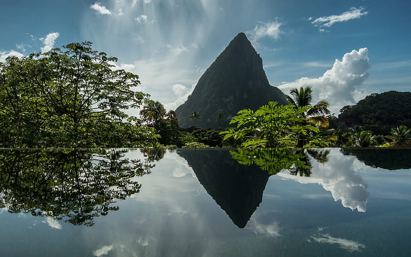 Earth, Reflection, Caribbean, Cloud, Mountain, Saint Lucia, Soufriere, Tree, Water, HD wallpaper