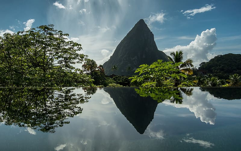 Water, Mountain, Reflection, Tree, , Cloud, Saint Lucia, Caribbean, Soufriere, HD wallpaper