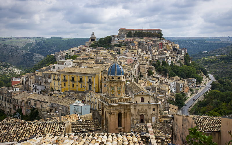 Ragusa, Panorama of Ragusa Ibla, old town, Cathedral of San Giorgio, Church of the Souls of Purgatory, cityscape, Ragusa skyline, Sicily, Italy, HD wallpaper