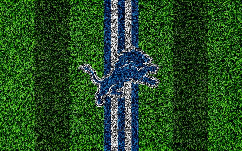 Detroit Lions, logo grass texture, emblem, football lawn, blue white lines, National Football League, NFL, Detroit, Michigan, USA, American football, HD wallpaper