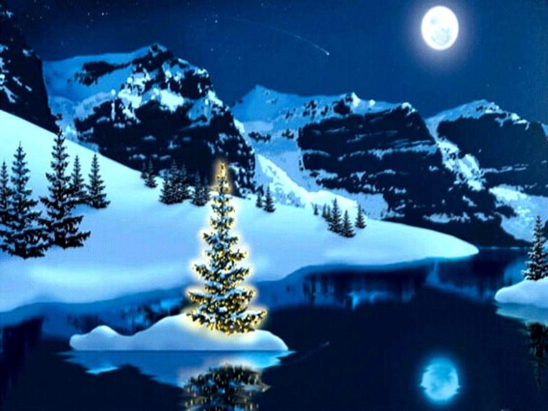 COLORADO CHRISTMAS, stars, christmas, trees, sky, lake, winter, colorado, moon, snow, mountains, reflection, HD wallpaper