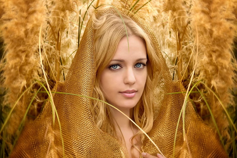 Golden girl, hair, girl, golden, blonde, eyes, HD wallpaper