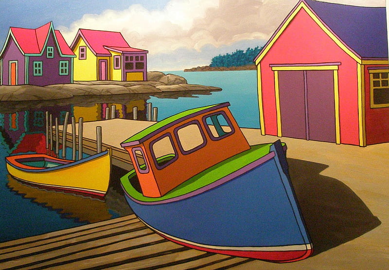 Boat Ashore, ashore, water, boatyard, abstract, sky, HD wallpaper