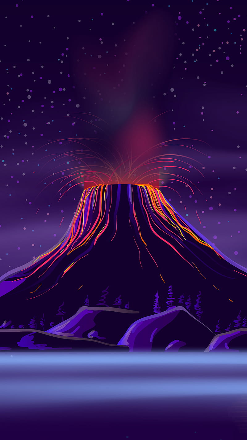 Neon Volcano, 80s, Kiss, Neon, blue, dark, eighties, erupt, lava, orange, pink, purple, volcano, HD phone wallpaper