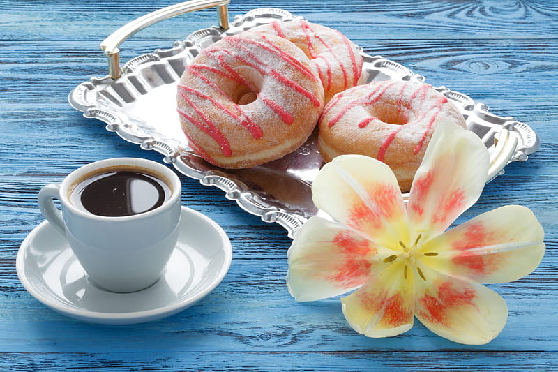 Food, Coffee, Cup, Doughnut, Drink, Flower, Still Life, HD wallpaper