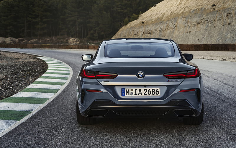 BMW 8 Series, M850i, 2019, rear view, new gray M8, exhaust, exterior, racing track, German sports cars, BMW, HD wallpaper