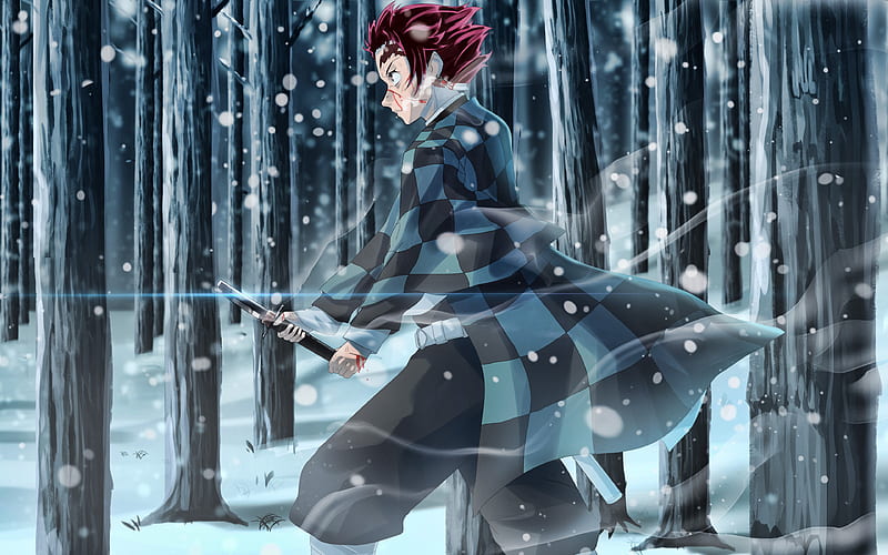 Tanjirou Kamado, winter, samurai, Kimetsu no Yaiba, Tanjirou, forest, manga, Kamado Tanjiro, HD wallpaper