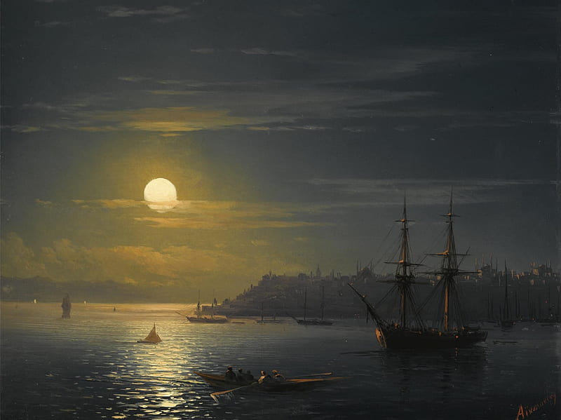 View of Constantinople by moonlight, ivan aivazovsky, sea, night, art, moon, constantinople, moon, water, boat, ship, painting, pictura, reflection, HD wallpaper