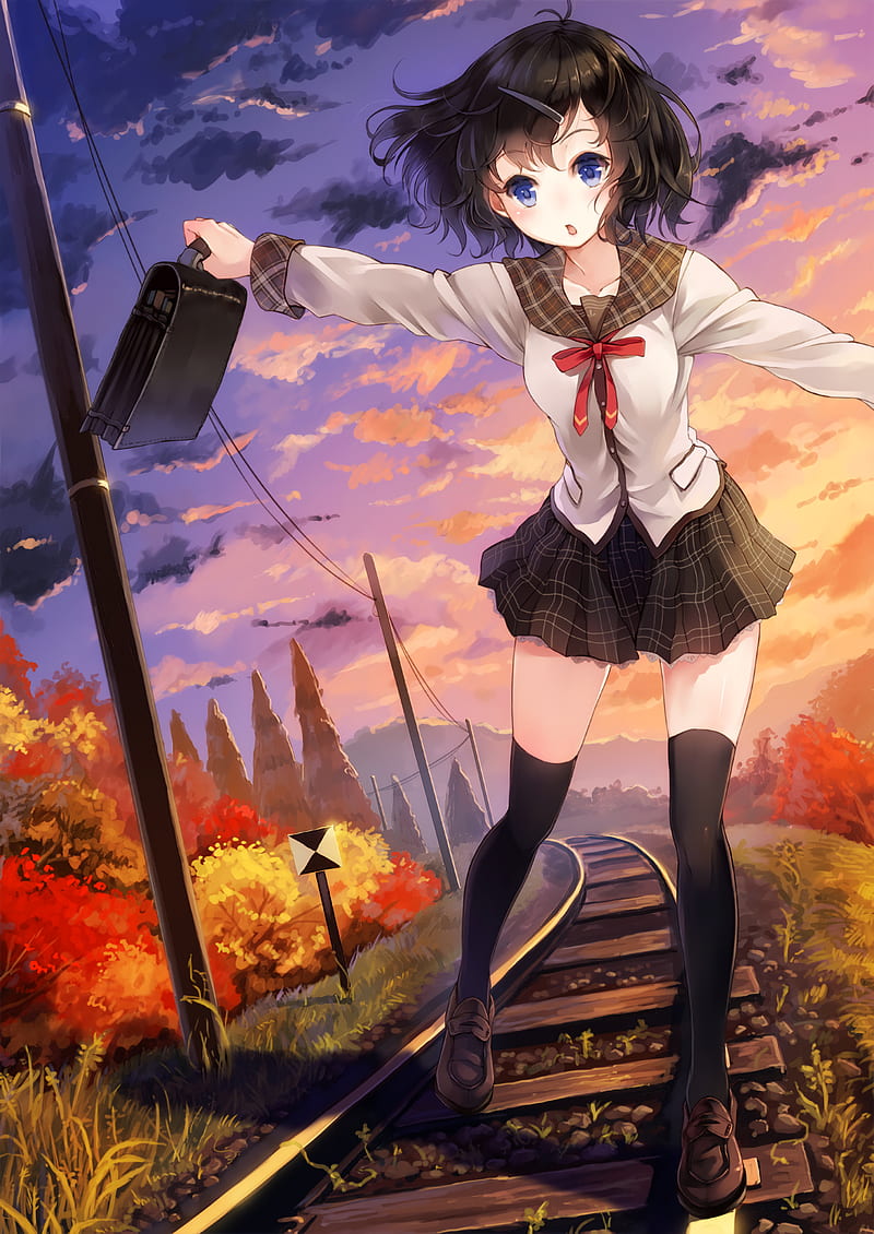 anime, anime girls, school uniform, skirt, stockings, black hair, blue eyes, HD phone wallpaper