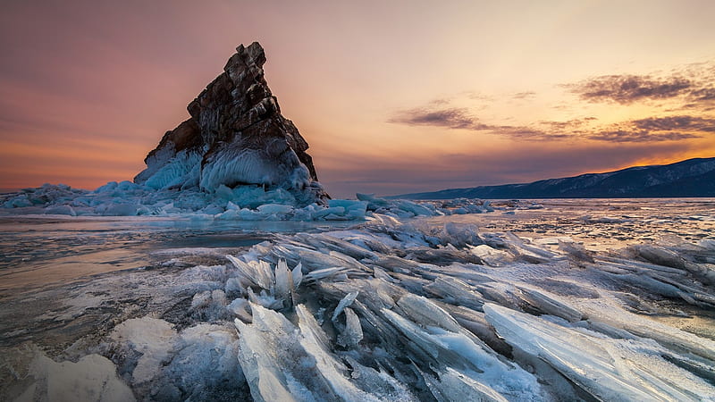 russia, siberia, ice, frozen water, rocks, Landscape, HD wallpaper