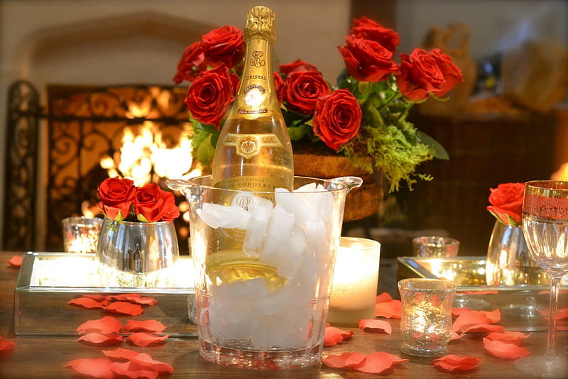 A little bubbly, red roses, romatic, bottle, retreat, bonito, bucket, fireplace, valentines day, lovely, romance, wine, votives, cristal, roses, candles, fire, flames, spa, ice, petals, champagne, HD wallpaper