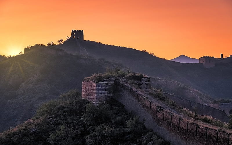 sunset, Great Wall of China, mountains, tower, Hebei, China, HD wallpaper