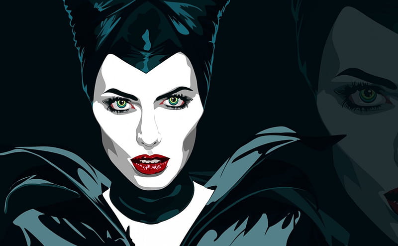 Maleficent, red, green eyes, black, woman, Angelina Jolie, fantasy, moviel, girl, fairy, disney, vector, HD wallpaper