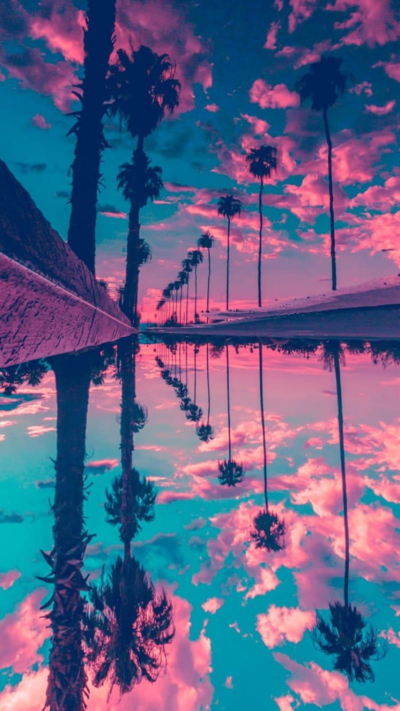 Cielo rosa, casa, lago, landscape, palmeras, pink, pixel, reflejo, HD phone wallpaper
