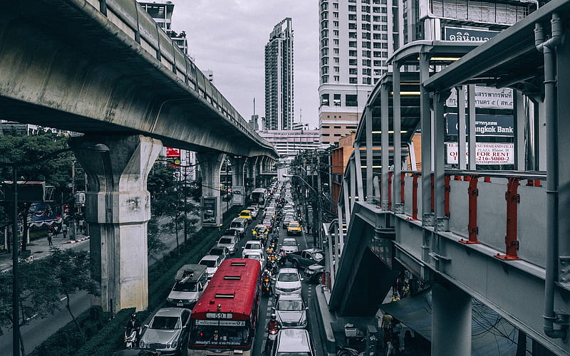 urban, crowd, cars, skyscraper, bridge, modern architecture, City, HD wallpaper