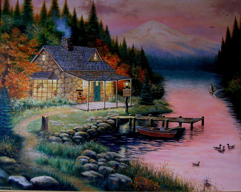 Painting, Country, side, House, lake, HD wallpaper