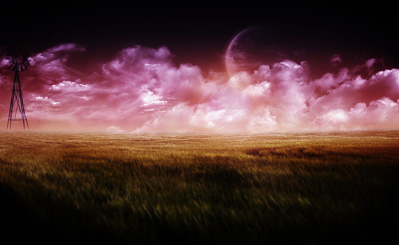 Pink storm, pic space, clouds, storm, wall fantasy, moon, planet color, colour, pink, field, HD wallpaper