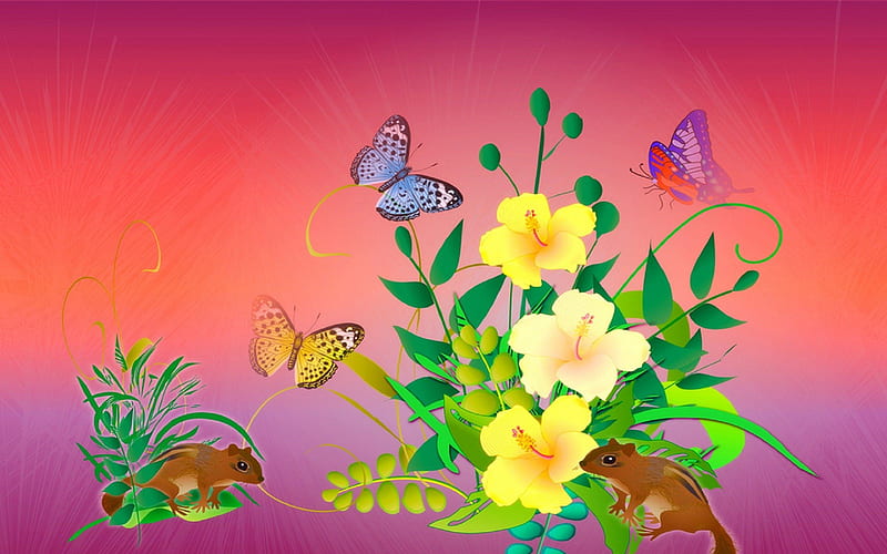 ★Adorable Meeting★, pretty, colorful, rats, softness beauty, bonito, digital art, bright, flowers, butterfly designs, animals, lovely, meeting, colors, love four seasons, creative pre-made, butterflies, cool, plants, nature, vector, HD wallpaper