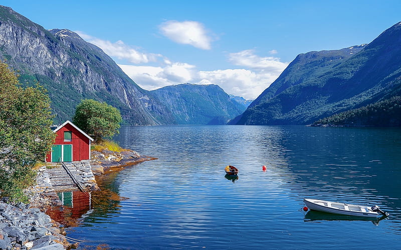 Fjord in Norway, fjord, house, mountains, Norway, boats, HD wallpaper