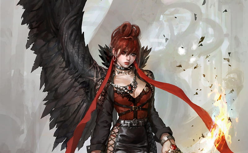 Fallen angel, red, fantasy, demon, redhead, black, wing, HD wallpaper