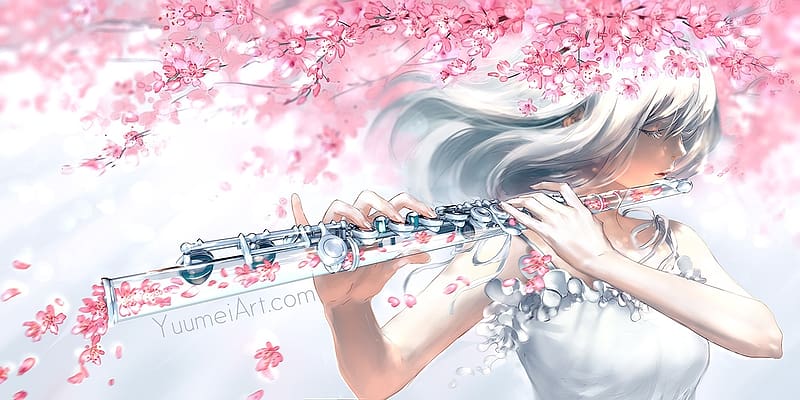 Flute singer, spring, flute, yuumei art, girl, singer, wind, instrument, fantasy, yuumei, flower, glass, blossom, wenqing yan, HD wallpaper